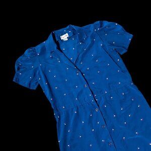 Vintage Blue Teal Button Up Dress Cherries 1980s Size 12 Maggy London Korea